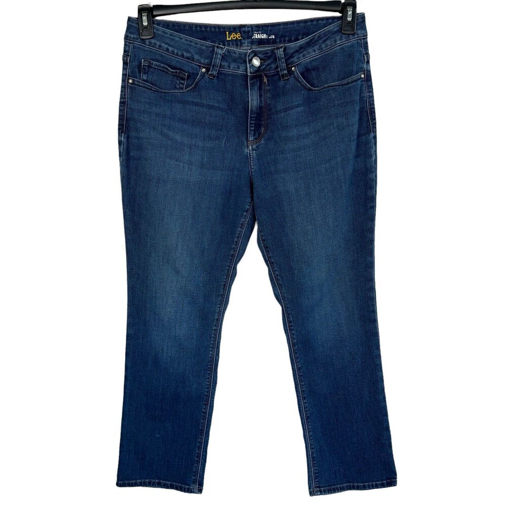 Lee Womens SZ 14S SHORT Straight Leg Jeans Mid-Rise Pockets Zip-Fly Stretch Blue